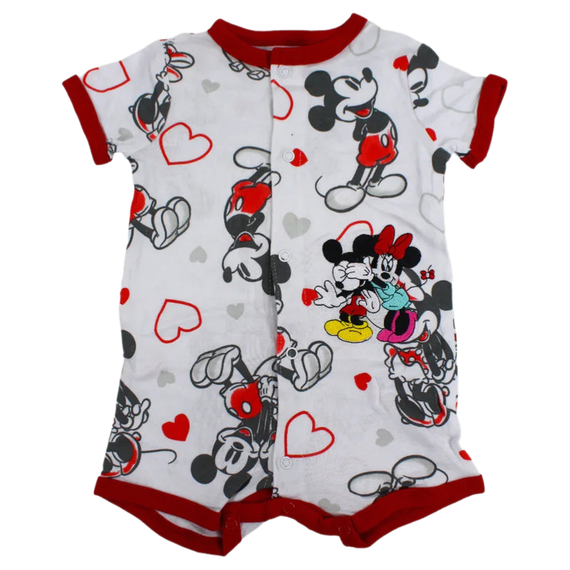 Baby Girls Short-Sleeved Cotton Romper – White with Mickey Mouse Print - Clothing - Cherries