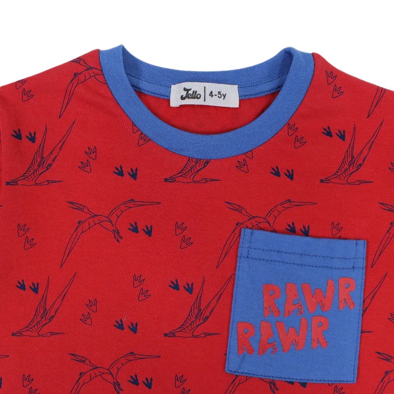 Boys Cotton T-Shirt - Red with Flying Dinos Print