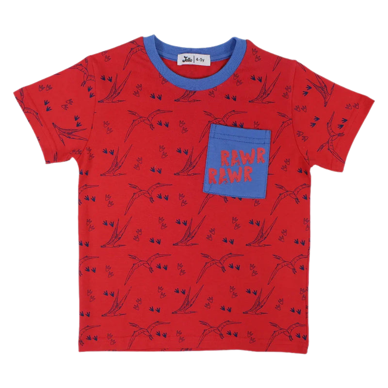 Boys Cotton T-Shirt - Red with Flying Dinos Print