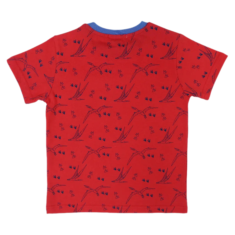 Boys Cotton T-Shirt - Red with Flying Dinos Print