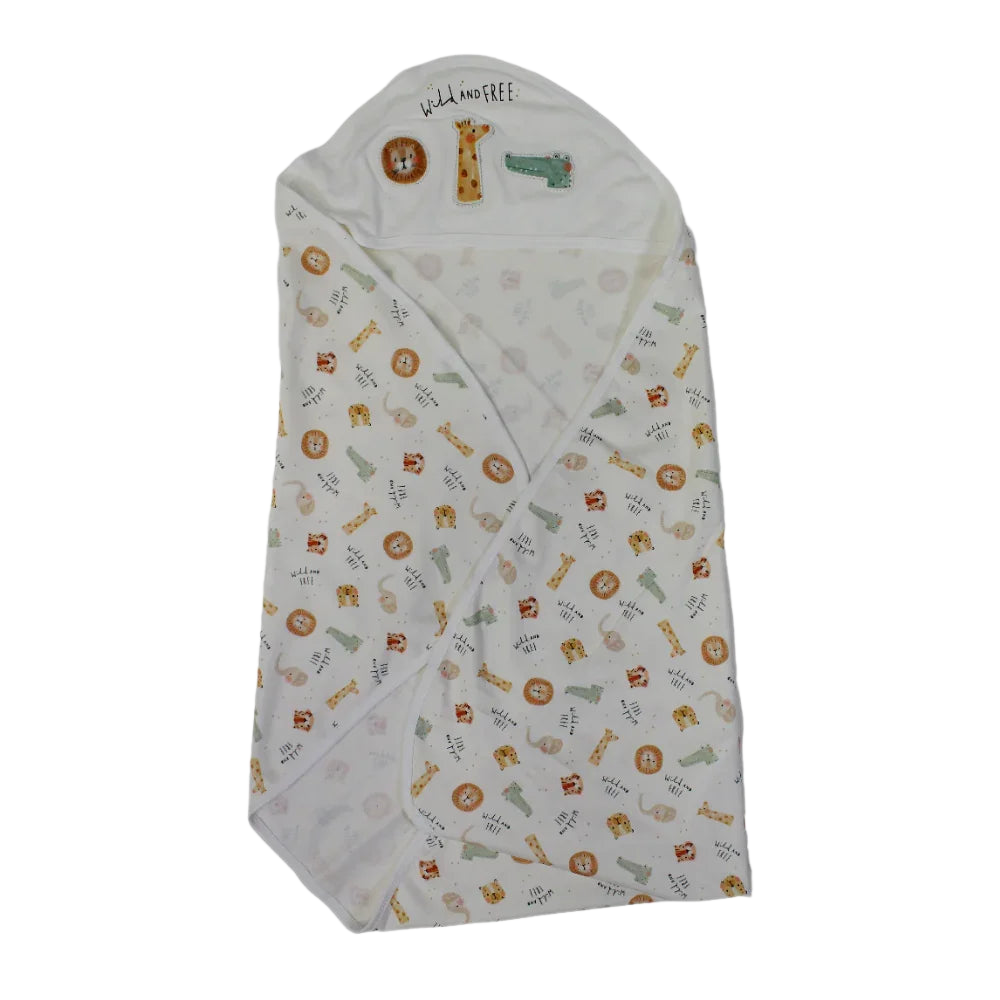 Baby Boys' Cotton Blanket – Off-White with Animal Print