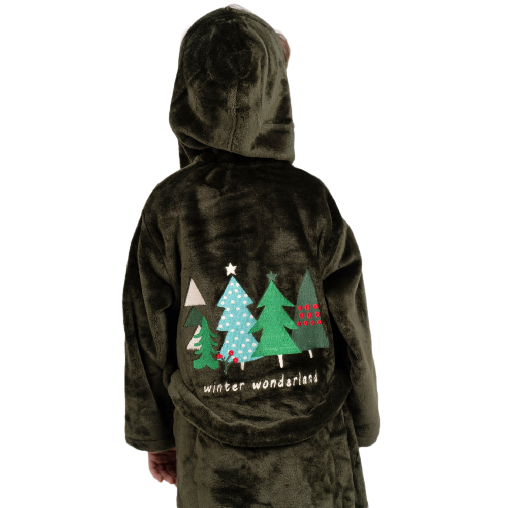 Unisex Velvet Robe - Dark Green with "Winter Wonderland" Design