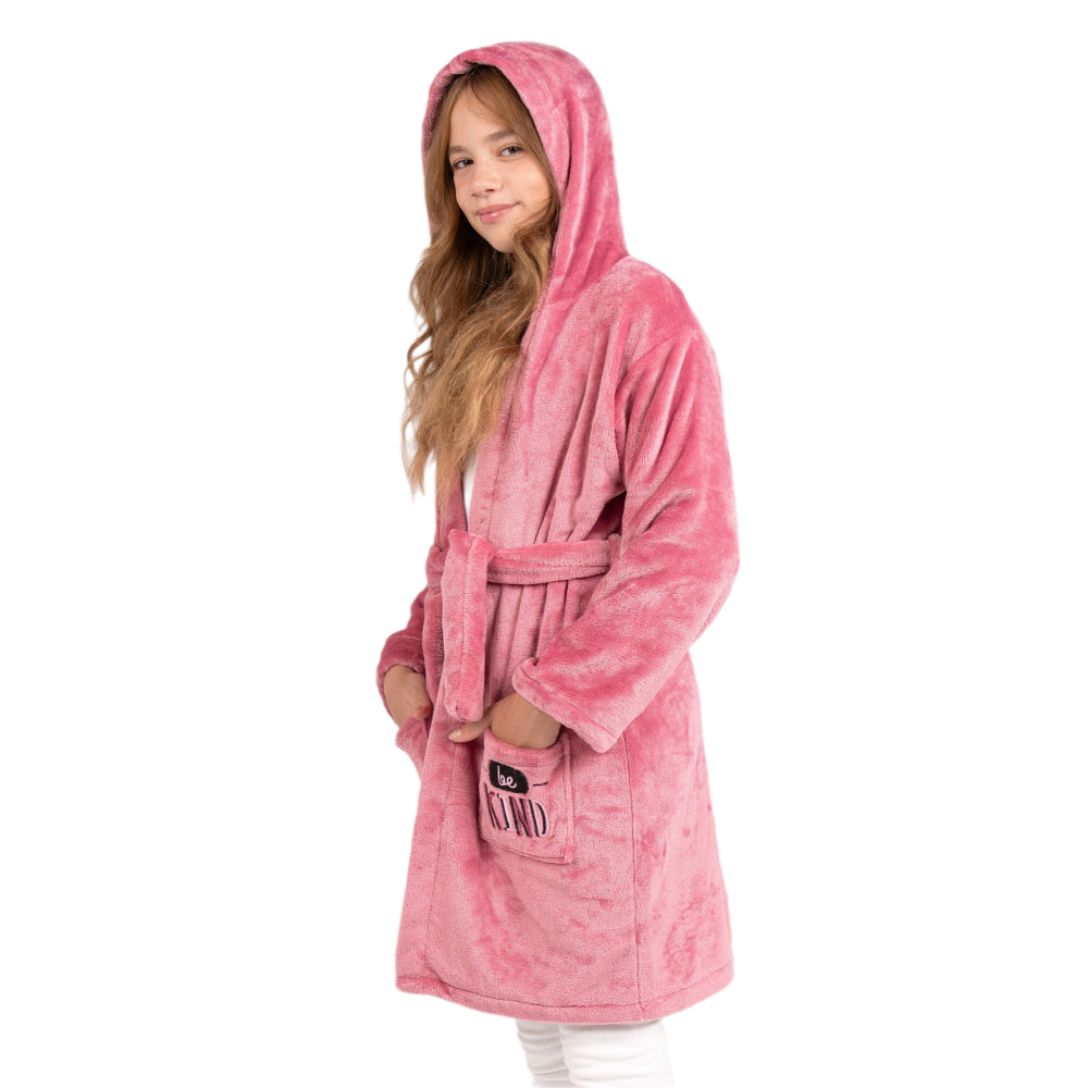 Girls Velvet Robe – Dustypink with "Love Be Kind" Design