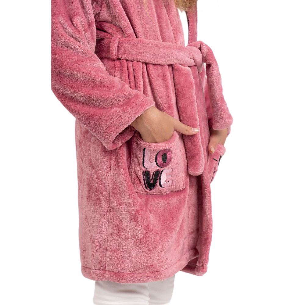 Girls Velvet Robe – Dustypink with "Love Be Kind" Design