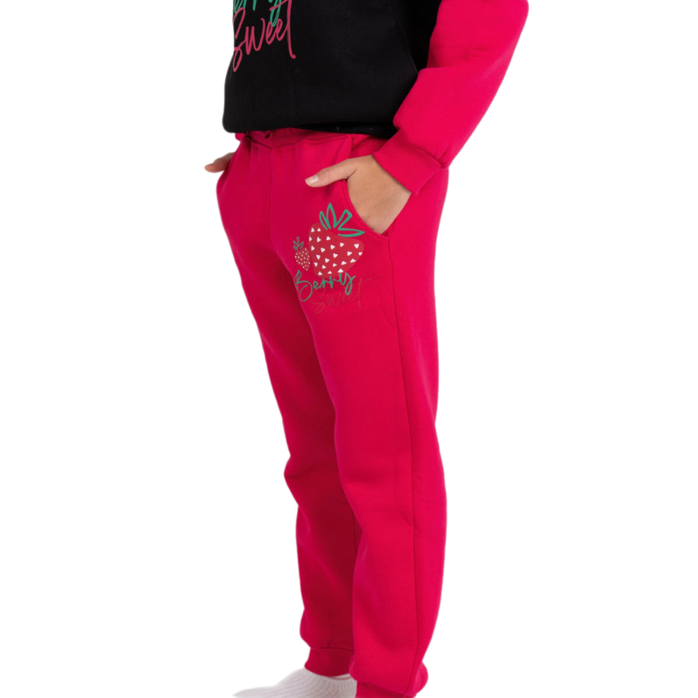 Girls Cotton Pajama Set – Black/Fuchsia with "Berry Sweet" Design