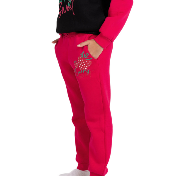 Girls Cotton Pajama Set – Black/Fuchsia with "Berry Sweet" Design