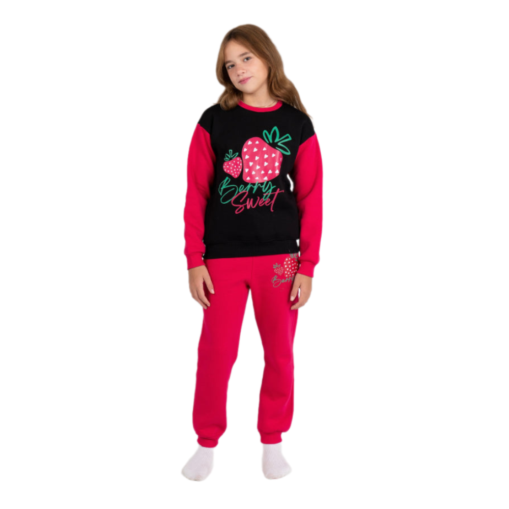Girls Cotton Pajama Set – Black/Fuchsia with "Berry Sweet" Design