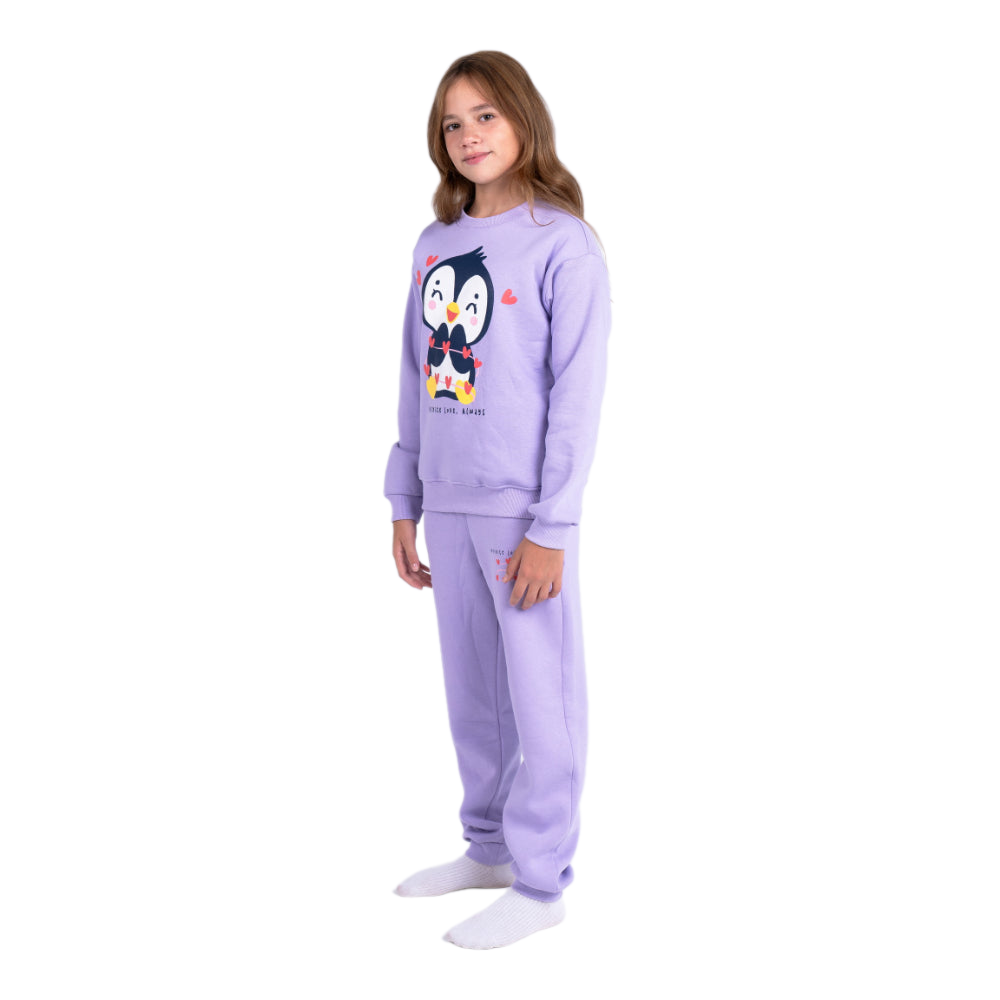 Girls Cotton Pajama Set – Purple with Penguin Print