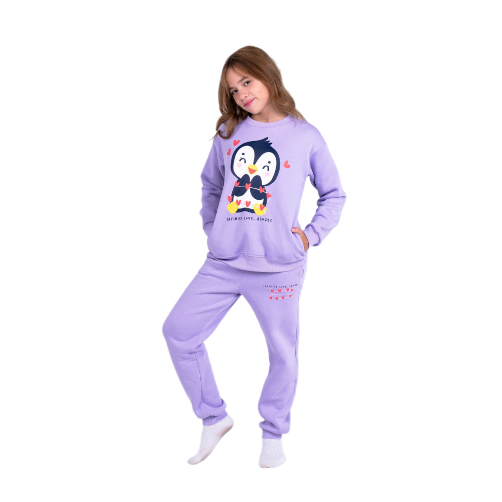 Girls Cotton Pajama Set – Purple with Penguin Print