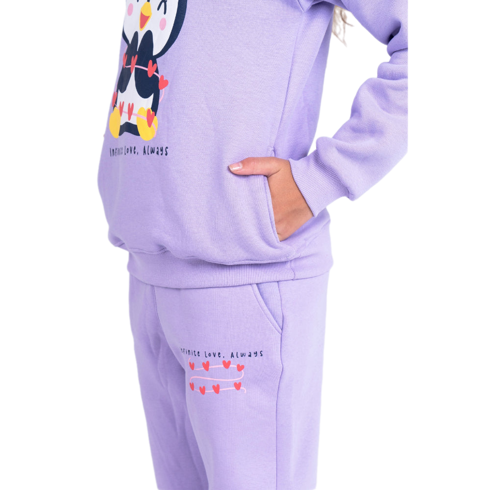 Girls Cotton Pajama Set – Purple with Penguin Print