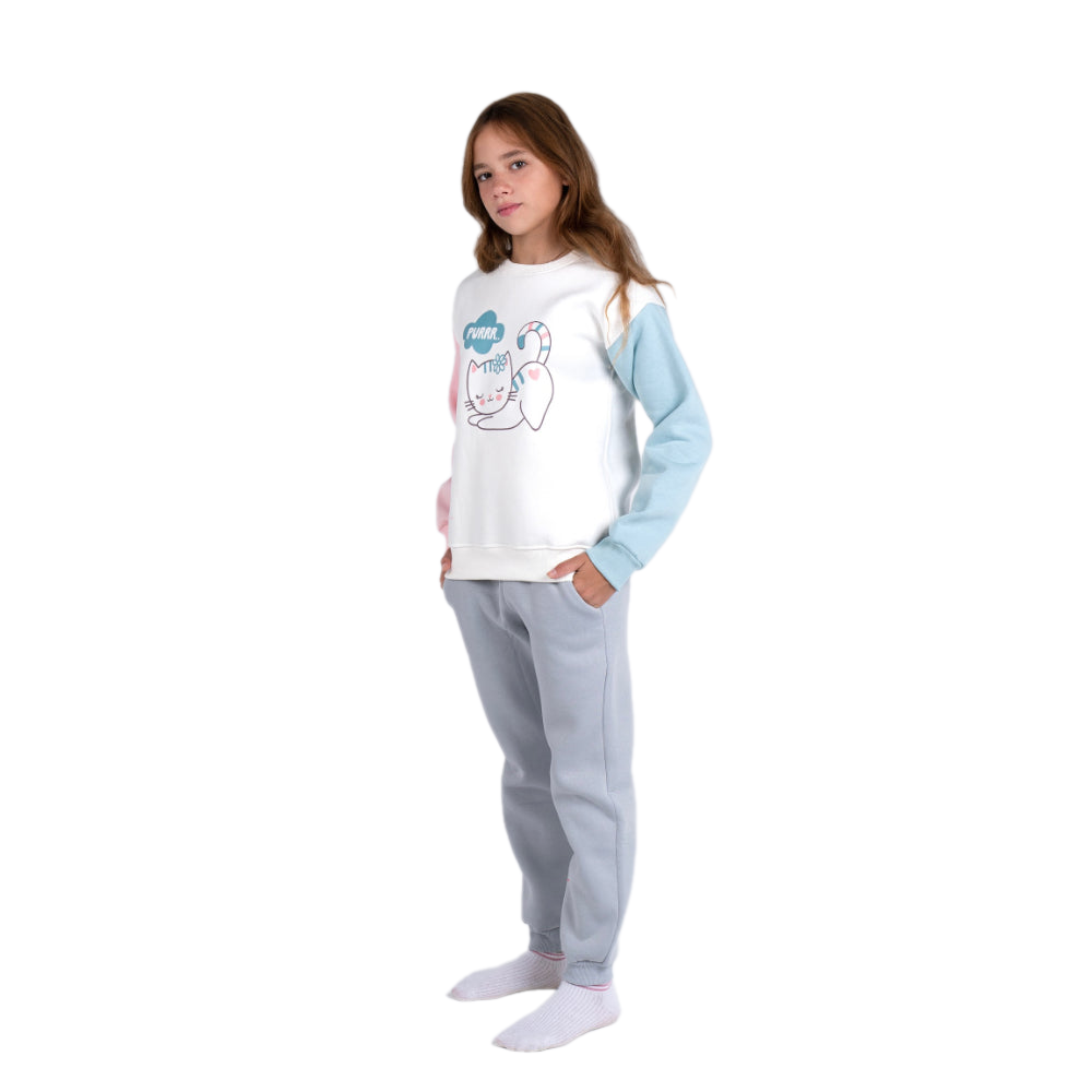 Girls Cotton Pajama Set – Offwhite/Gray with Cat Print