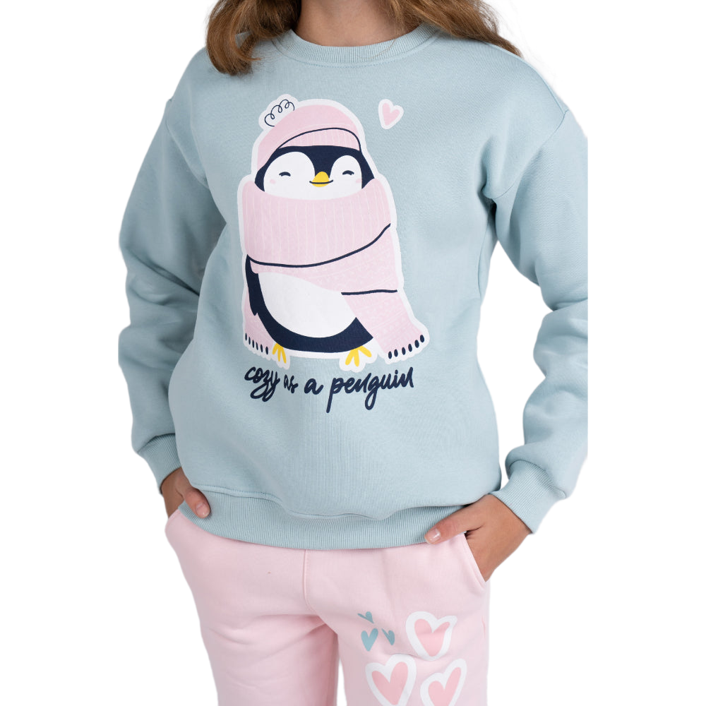 Girls Cooton Pajama Set –  Mint/Pink with "Penguin" Design