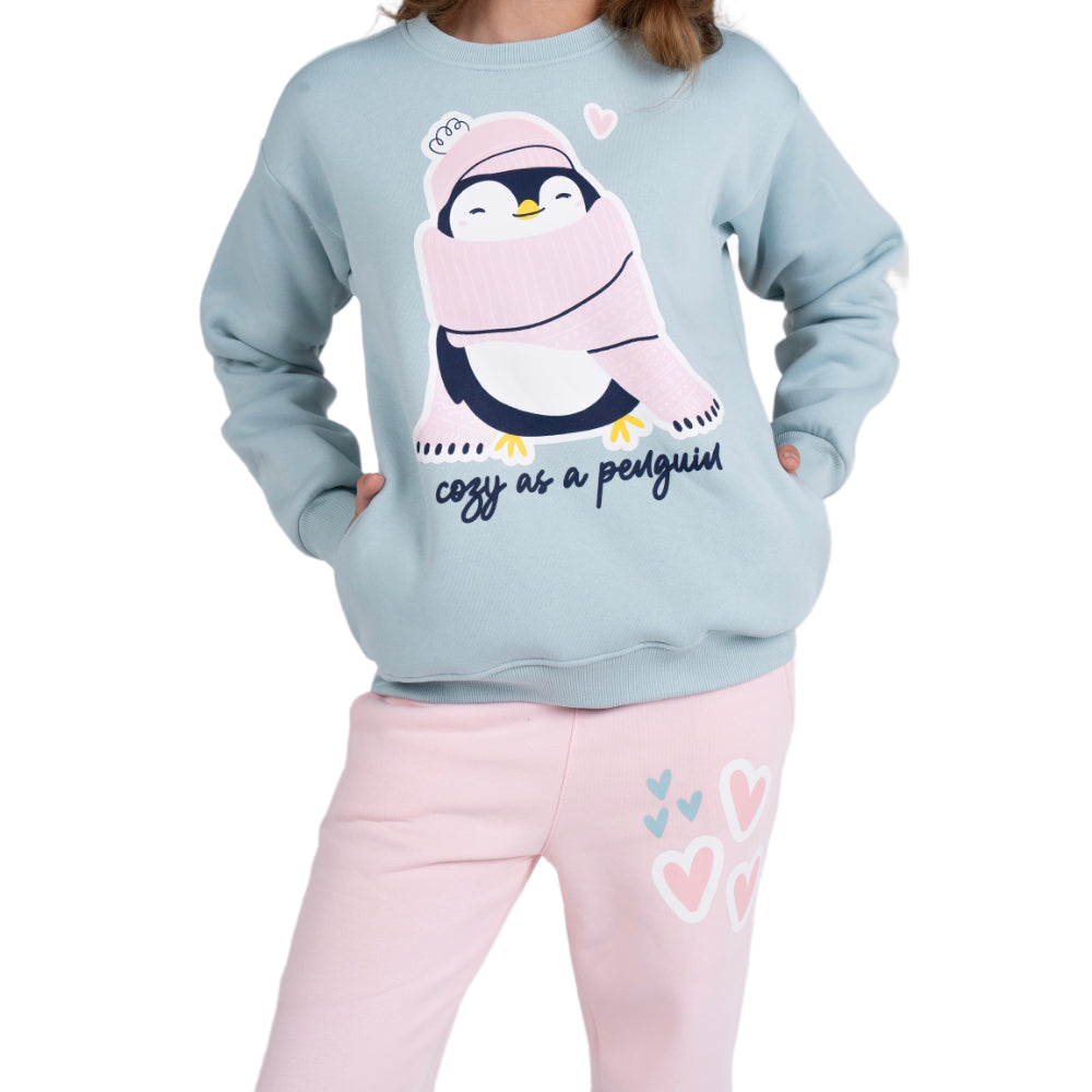 Girls Cooton Pajama Set –  Mint/Pink with "Penguin" Design