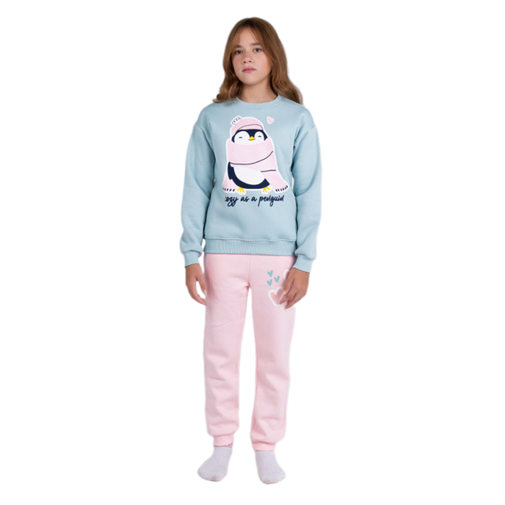 Girls Cooton Pajama Set –  Mint/Pink with "Penguin" Design