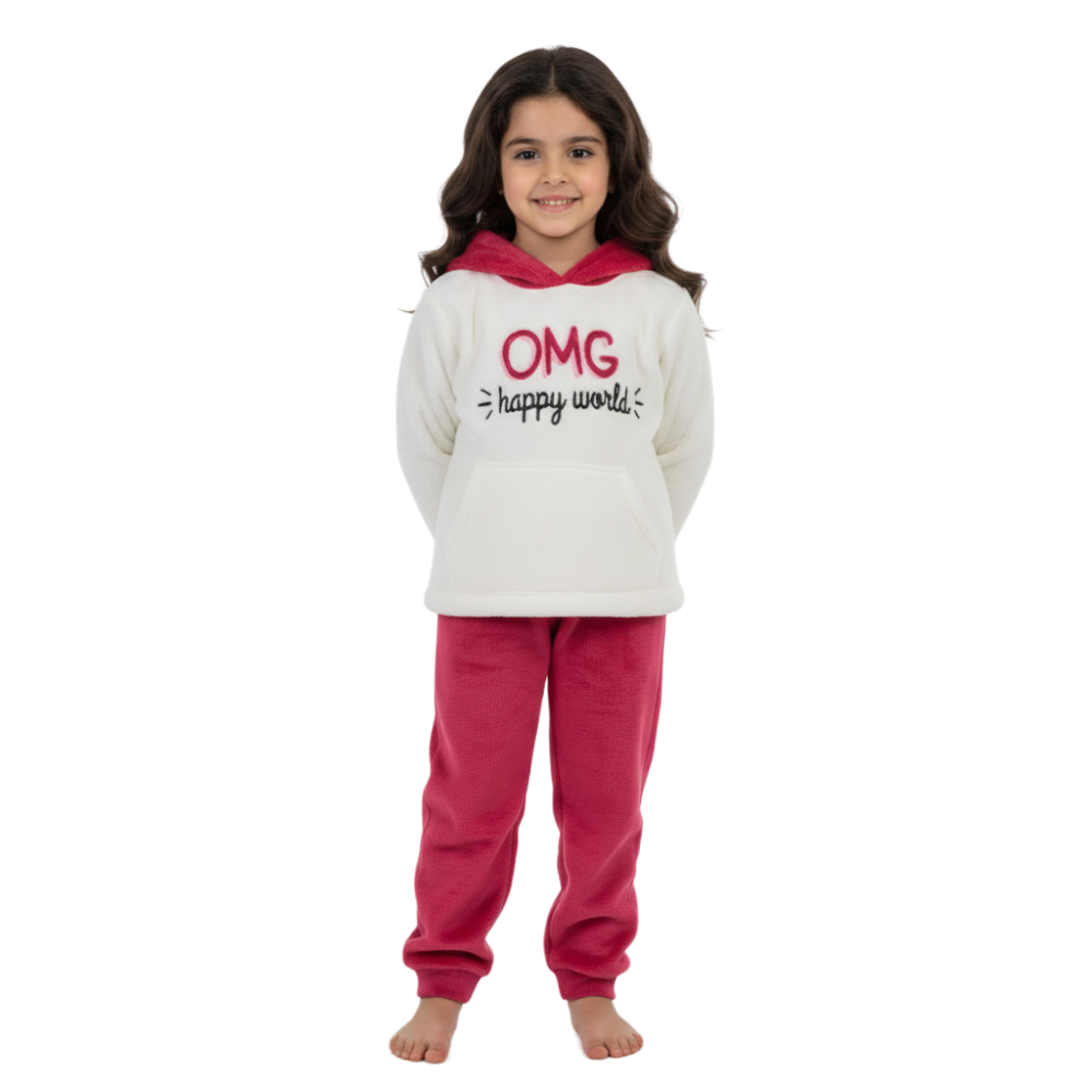 Girls Velvet Pajama Set – Off-White & Fuchsia with “OMG Happy World” Design