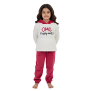 Girls Velvet Pajama Set – Off-White & Fuchsia with “OMG Happy World” Design
