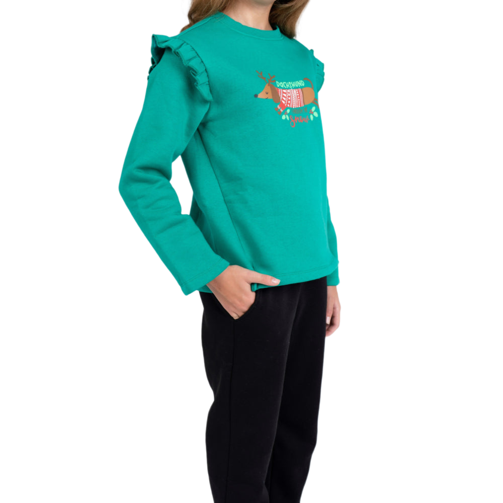 Girls Cooton Pajama Set – Green/Black with "Dachshund Through The Snow" Design
