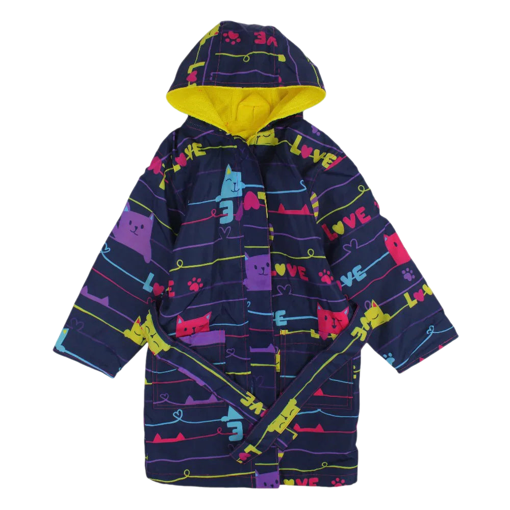 Girls Swim Robe – Navy with Lovely Cats Print