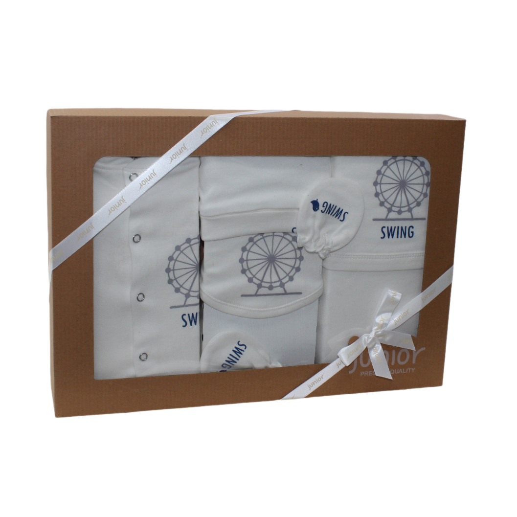 Unisex Baby Cotton Gift Clothes Box 5Pcs – Off-White with "Swing" Print