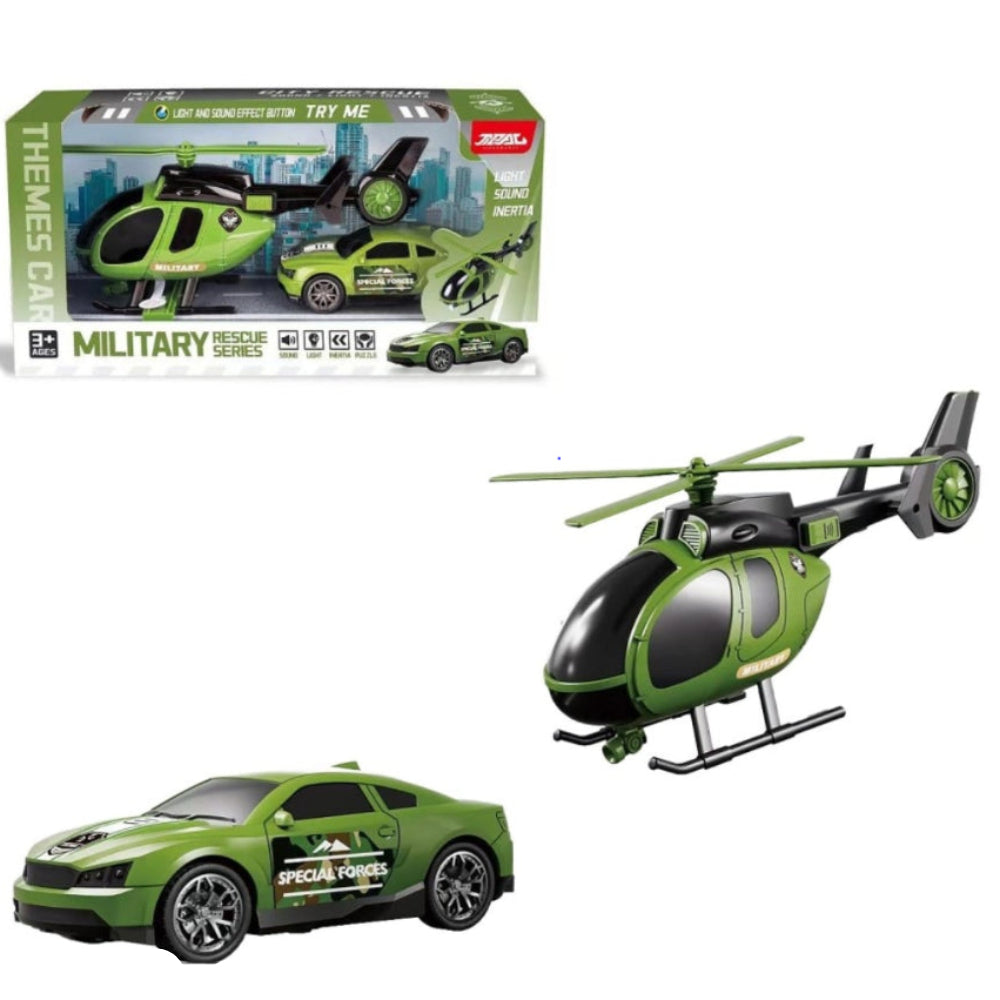 Military Rescue Series Helicopter & Special Forces Car Set (Light & Sound) – Green