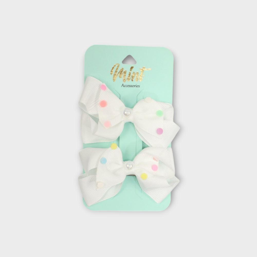 White Bow Hair Pin With Colored Dots (Pack Of 2) - Ourkids - MINT