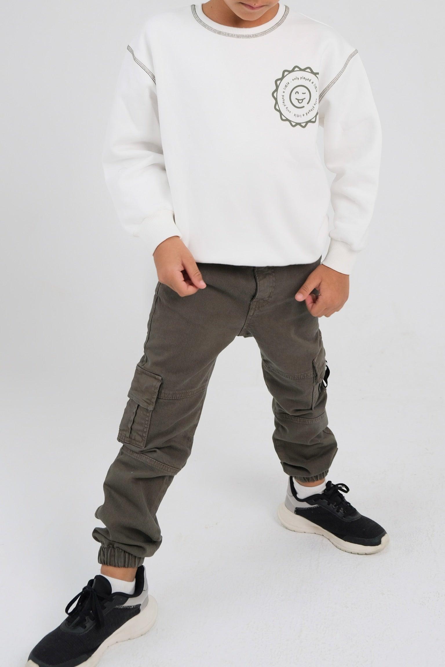 White Long-Sleeved Fleeced Sweatshirt - Ourkids - Playmore